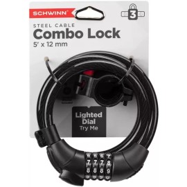 Schwinn SW78502A Steel Cable Combo Lock 5' x 12mm Resettable Combo w/ Light