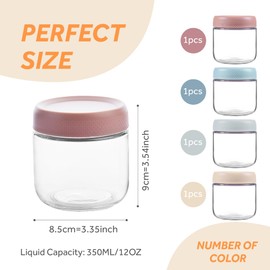 MOLADRI 4 Pack Glass Clear Storage Canister with Airtight Lid, 12oz Overnight Oats Containers, Small Cute Decorative Pantry Jar for Snacks, Yogurt, Cereal, Fruit, Salad, Spice, Sugar, Coffee, Tea