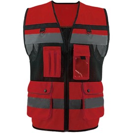 OPLERAI Safety Vest Reflective Construction Vests with 7 Pockets and Zip High Visibility Vest for Men Hi Vis Mesh Work Vests Meet ANSI/ISEA 107-2020 Class 2(Red 2XL)