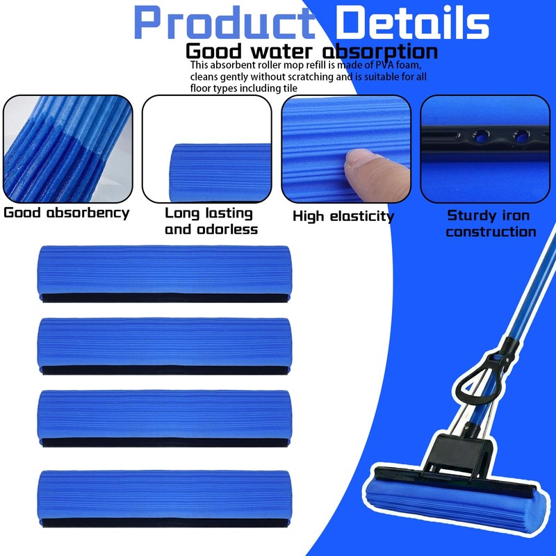 12 Pcs Roller Mop Refill Blue PVA Sponge Mop Head