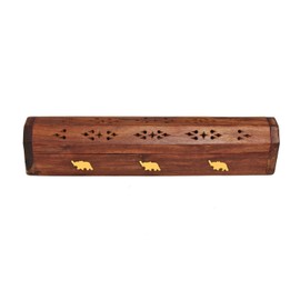 Purpledip Wooden Incense Stick Holder Cone Burner Stand Box: Storage Compartment, Ash Catcher: Hand Carved With Brass Inlay Figures (11009)