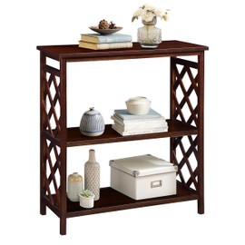 GDFStudio Trmxmbf 3-Tier Console Table with Storage Shelves, Narrow Wood Rectangular Sofa Side Table, Open Bookshelf Bookcase with Solid Wood Legs for Hallway Living Room, Cherry