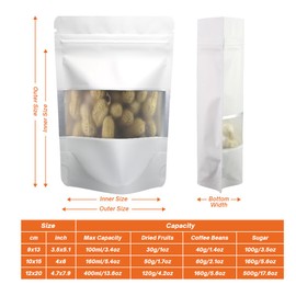 4CP 100 Pcs White Zipper Smell Proof Bags with Window, 3.5x5.0 Inch Stand Up Foil Pouches for Food Selfsealing Storage, Reusable Bag for Packaging Small Business, Cookies, Nunt, Candy