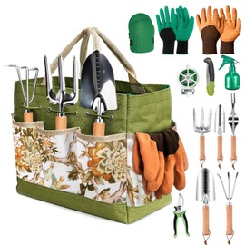 KUKKUME Gardening Tools 13 PCS Gardening Tool Set Women Womens Gardening Tools Gift Set Heavy Duty Gardening Tools with Motifs Storage Bag, Knee Pads, Squirt Bottle,2 Gloves