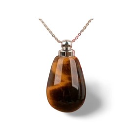Beautiful Natural Tiger Eye Crystal Gemstone CREMATION URN with 24" Steel Curb Chain Necklace - Includes Velvet Pouch & Fill Kit
