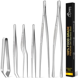 HOTEC Kitchen Tweezers Tongs Stainless Steel, Set of 6 - Professional Cooking Tweezers for Cooking, Chefs, BBQ, Seafood, Baking & Repair