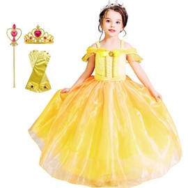 [MANAMANA] Beauty and the Beast Belle Children's Dress, Princess Dress, Tiara, Stick Gloves, 4-Piece Set, Kids Costume, Yellow Girl, 130, 51.2 inches (130 cm), 51.2 inches (130 cm)