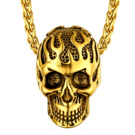Mens Gold Flame Skull Pendant Necklace with Wheat Chain, Gothic Biker Jewelry