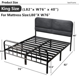 14Inch Metal Bed Frame,King Size Bed Frame with Upholstered Headboard,Heavy Duty Sturdy Mattress Foundation,Easy Assembly,No Box Spring Needed,Grey-King