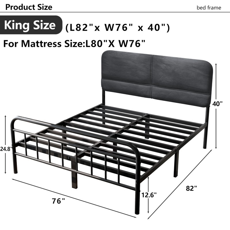14Inch Metal Bed Frame,King Size Bed Frame with Upholstered Headboard,Heavy