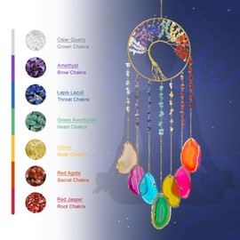Lpraer Tree Life Agate Slices Wind Chimes 7 Chakra Reiki Healing Stone Colorful Handmade Wall Hanging Ornament for Outdoor Indoor Home Decor (7 Chakra Tree Life #4)