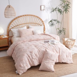 Freyamy Romantic Bed Linen 200 x 200 cm 3-Piece Pink Plain Bed Linen Embroidery Craft Bohemian Soft Warm Bedding Sets Washed Microfibre Duvet Cover with Zip + 2 Pillowcases 80 x 80 cm