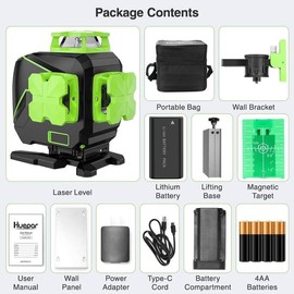 Huepar - Laser Level, 360 Auto Leveling, 4x360° Green Cross Line Laser for Construction - Remote Control with LCD Screen, Li-Ion Battery, 4D Bluetooth Outdoor Pulse Mode Laser Tool - Specification: S04CG-L（total 11 items）