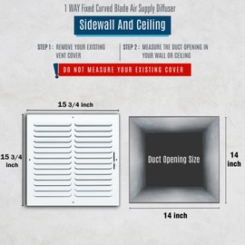 Fits 14x14 Duct Opening 1 Way Fixed Curved Blade Air Supply Diffuser by Handua | Register Vent Cover Grille for Sidewall and Ceiling | White | Outer Dimensions: 15.75" X 15.75"