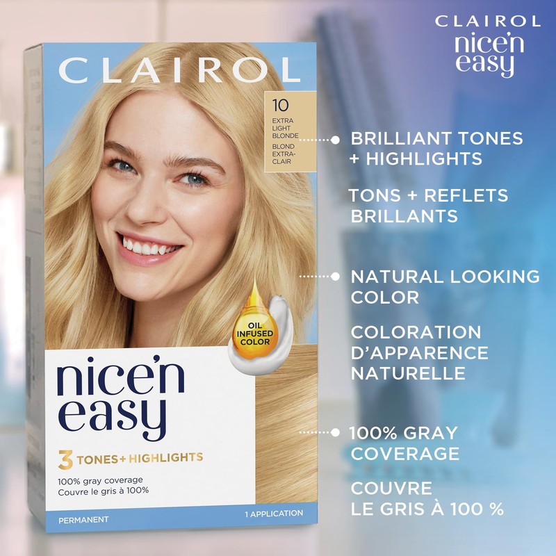Clairol Nice'n Easy Permanent Hair Dye, 10 Extra Light Blonde