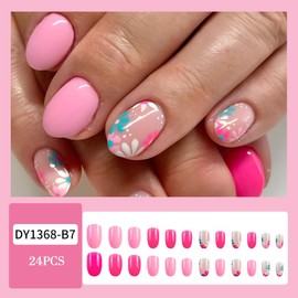 Flower Press Short Oval Pink False Nails With Floral Design Summer Full Cover Tips Kit - Red Acrylic Glue On Extra Short Artificial Nails Glossy Stick On for Women