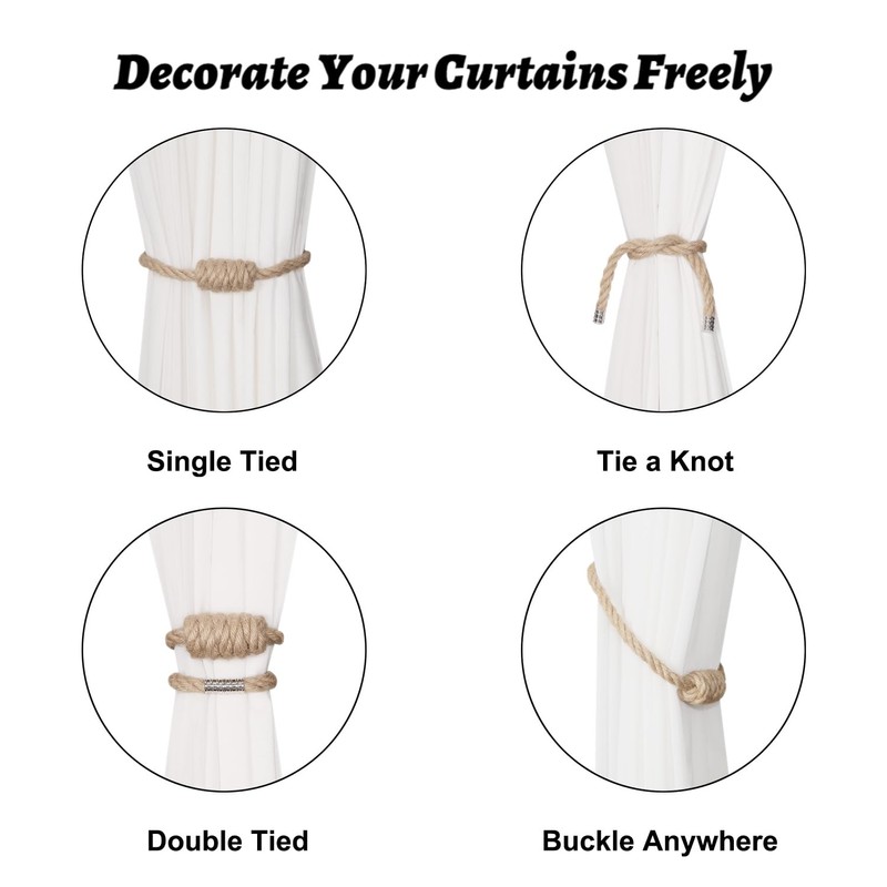 BEL AVENIR Magnetic Jute Curtain Tiebacks, Decorative Drapery Holdbacks Bohemian