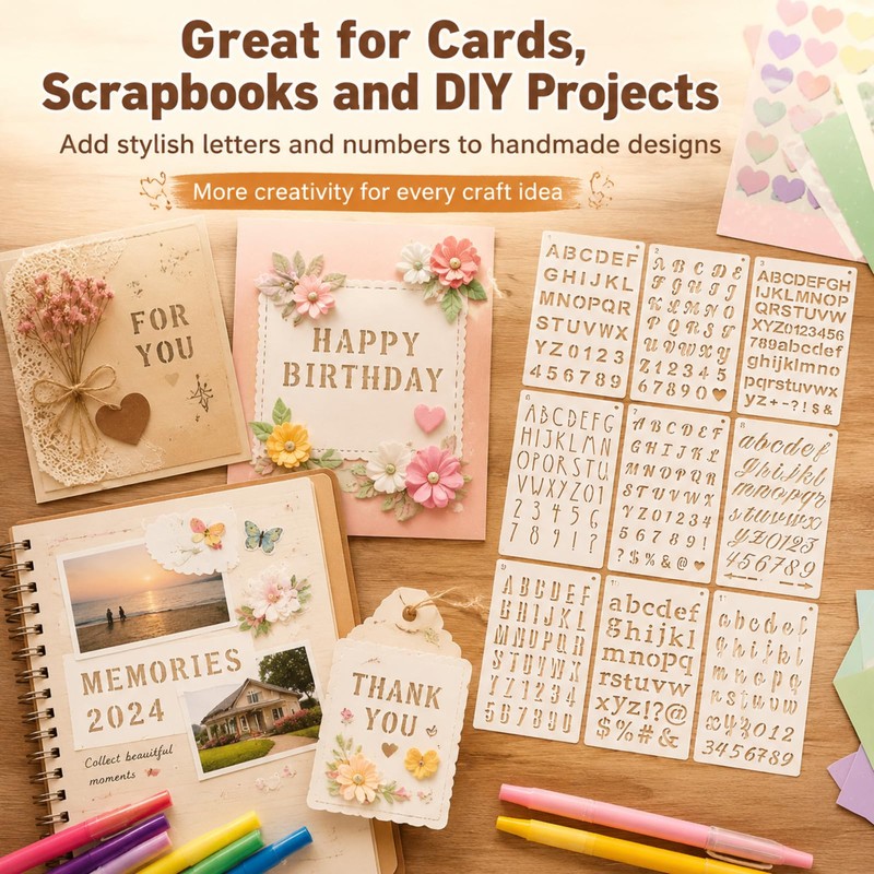 12 PCS Plastic Letter and Number Stencils, Reusable Alphabet Drawing