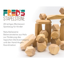 Fred's Stacking Stones 20-Piece Set Montessori Wooden Toy Balancing Stones to Promote Logical Thinking and Hand-Eye Coordination for Children from 3 Years