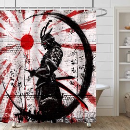 iTapnoom Japanese Samurai Anime Shower Curtain Set, Cool Anime Red and Black Sun Moon Art Decor Fabric for Men Bathroom Asian Japan Male Bath Accessories with Hooks 72 X 72 inch