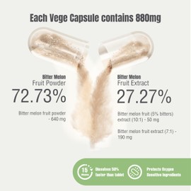 HerbsForever Bittermelon/Gourd-Extra Strength(10:1)Extract,Equiv.to 4250mg Fruit Powder Per Serving-Sugar/Carb Control,Support Sweets Metabolism, & Skin Health-Natural|5% Bitters|60Veg Capsules|880mg