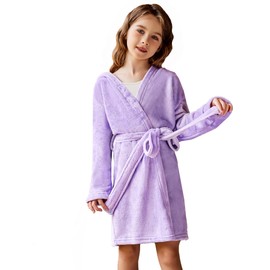 Arshiner Boys Girls Flannel Bathrobes Soft Fuzzy Hooded Robe Sleepwear with Belt for Kids Lilac 6-7 Years