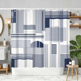 Yeele Navy Blue Geometric Line Art Shower Curtain, Modern Abstract Shower Curtain, Waterproof Machine Washable Fabric Bath Curtain 72x72 Inch with Hooks