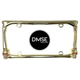 DMSE Heavy Duty Metal Skulls and Bones with Red Eyes Decorative License Plate Frame Cool Decorative Design for Any Vehicle (Gold)