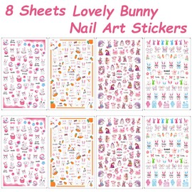 8 Sheets Easter Nail Art Stickers Decals 3D Self-Adhesive Bunny Nail Art Decorations Easter Day Cute Bunny Sweet Rabbit Carrot Nail Design Sticker for Women Easter Nail Art Supplies Accessories