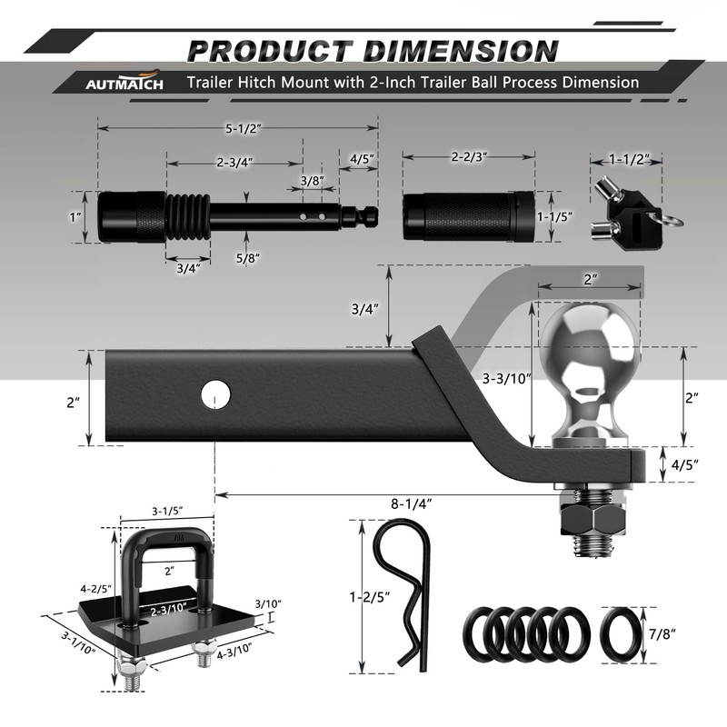 AUTMATCH Trailer Hitch Ball Mount with 2 Inch Hitch Ball