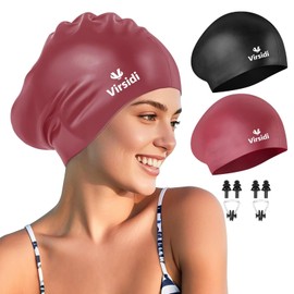 2 Pack Large Swim Caps for Long Hair, Silicone Swimming Cap for Adult Women Men, Waterproof Swim Hats Bathing Caps to Keep Hair Dry with Bonus Nose Clip and Earplugs-05