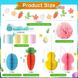 VinTS Easter Honeycombs Garland Hanging Decoration,Pastel Easter Egg Carrot Bunny Paper Honeycomb,Tissue Pompom,4 Colors Crepe Paper Rolls for Spring Theme Party