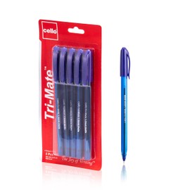 Cello Ballpoint Pens, Tri-Mate Medium Point Biros Multipack Pens | 1.0mm Ball Point Pens Writing | Pack of 5 (Blue)