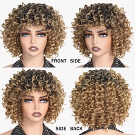 X-TRESS Short Curly Afro Wig Ombre Honey Blonde Wear and Go Synthetic Wig with Bangs, High-Temperature Fiber, Kinky Curly Black for Black Women (Durable & Heat-Resistant & No Glue Needed)