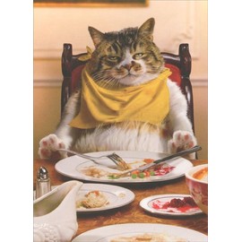 Fat Cat Asleep at Table Press Funny Cat Thanksgiving Card