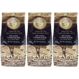 Royal Kona 10% Kona Coffee Blend, Chocolate Macadamia Flavor - Ground, 8 Ounce Bag (Pack of Three)