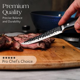 Orgreenic Hammered High Carbon Steel Steak Knives set- Non-Stick Tsuchimi Blade Texture, Ergonomic Handle, Professional Sharpness for Precision Cutting - Includes Chef, Bread and Utility
