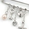 'Simulated Pearl, Cross, Lock&Key' Safety Pin Brooch In Rhodium Plated