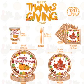 Thanksgiving Plates and Napkins Sets 120 Pcs, 9″ 7″ Plates Paper Napkins Cups Plastic Forks, Maple Leaf Pumpkin Disoposable Dinnerware for Fall Thanksgiving Party Supplies Friendsgiving Tableware