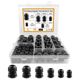 Cable Gland Waterproof,LISTENJIALE 50 pcs Adjustable 3-16mm Waterproof Cable Connectors PG7 PG9 PG11 PG13.5 PG16 PG19 Plastic Cable Gland Joints with Gaskets in PP Box(Black)
