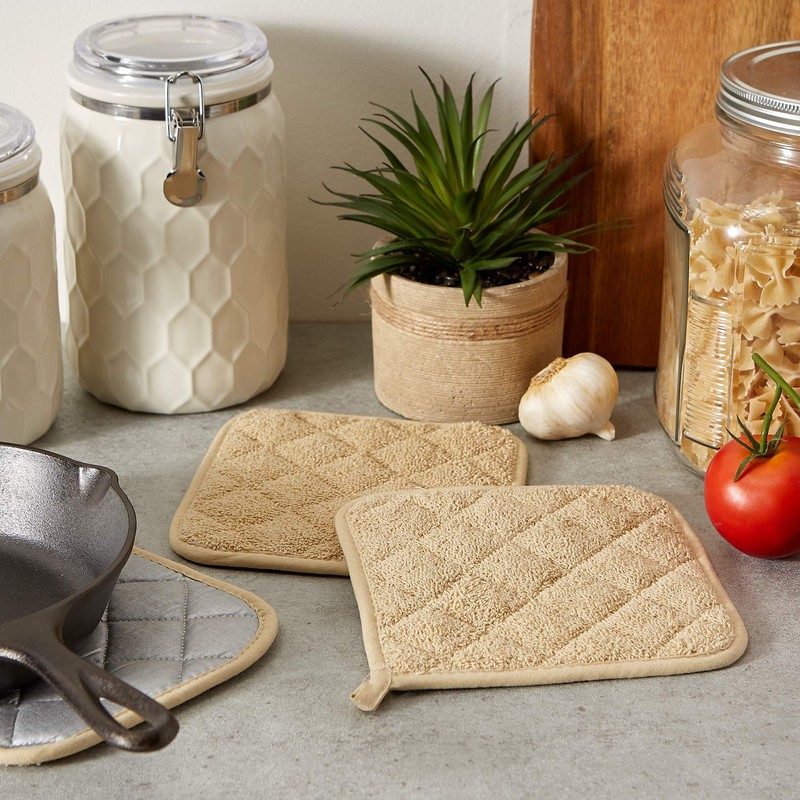 DII Basic Terry Collection Quilted 100% Cotton, Potholder, Pebble, 3
