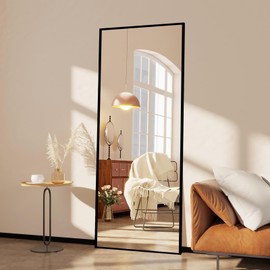 FOYEESION Full Length Mirror with Stand, 65"x24" Mirror Full Length, Black Body Mirror with Aluminum Frame, Rectangle Standing Mirror, Tempered Glass Full Body Mirror for Bedroom Dressing Room