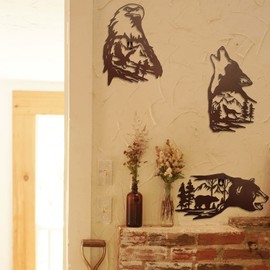 J-Fly Metal Bear Wall Decor Eagle Wall Decor Wildlife Wall Art Rustic Cabin Decor Laser Cut Bear and Wolf Eagle for Living Room Bedroom Bathroom etc Indoor & Outdoor Decor 3 Pack