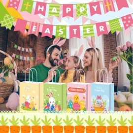 Harloon 100 Pieces Easter Gift Bags Bulk Easter Bags for Treats Bunny Egg Chicken Candy Bags with Handle Easter Party Favor Bags Easter Candy Goody Bags for Easter Party Supplies Decoration