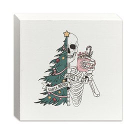 XUNLURY Sorta Merry Sorta Scary Funny Christmas Skeleton Wooden Box Sign, Gothic Christmas Decor, Christmas Decorations for Home Office Desk Table Tabletop Shelf Decor, Gothic Home Decor, 5x5 Inch