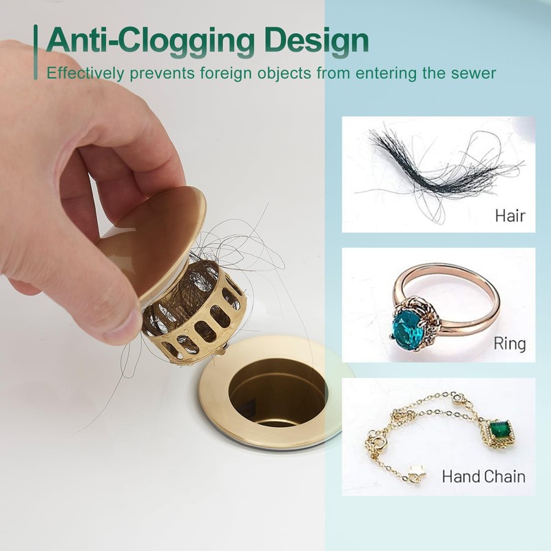 VOTON Brushed Gold Pop Up Bathroom Sink Drain with Overflow