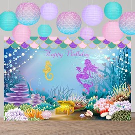Paper Lanterns Decorative, 16 Pcs Mermaid Theme Paper Lanterns, Pink Purple Blue Chinese Paper Lanterns Ceiling Party Decorations for Mermaid Theme Birthday Under Baby Shower Wedding