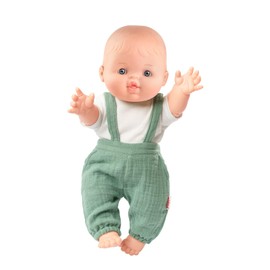 Heless Paola Reina Gordi 54021 Boys Baby Doll with Muslin Dungarees in Sage Green and a White Shirt, Made of Organic Cotton, One Doll Size 34 cm