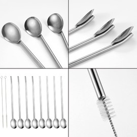 NMQLX Spoon Straw Set, 8 Pcs Stainless Steel Spoon Straws, 2 in 1 Reusable Drinking Stirring Straw Spoons with 2 Pcs Cleaning Brush