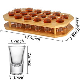 SOUJOY 16 Shot Glass Server Tray Set, 1 oz Shot Glass Set with Bamboo Tray, Party Serving Holder for Bar, Pub, Party, Club Drinking